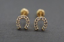 14K Solid Yellow Gold 5MM Horseshoe CZ Screw Back Earrings