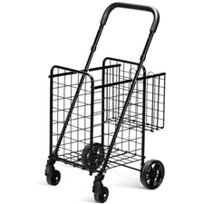Folding Shopping Cart Basket Rolling Utility Trolley Market w/ Adjustable Handle