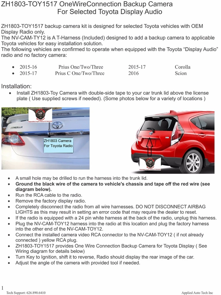 AAT Toyota Backup camera kit For Prius, Prius C 15-16 Corolla 14-16 - Image 4 of 4