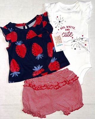 CARTERS Just One You 3 piece set white/red/blue STRAWBERRY motif size NEWBORN