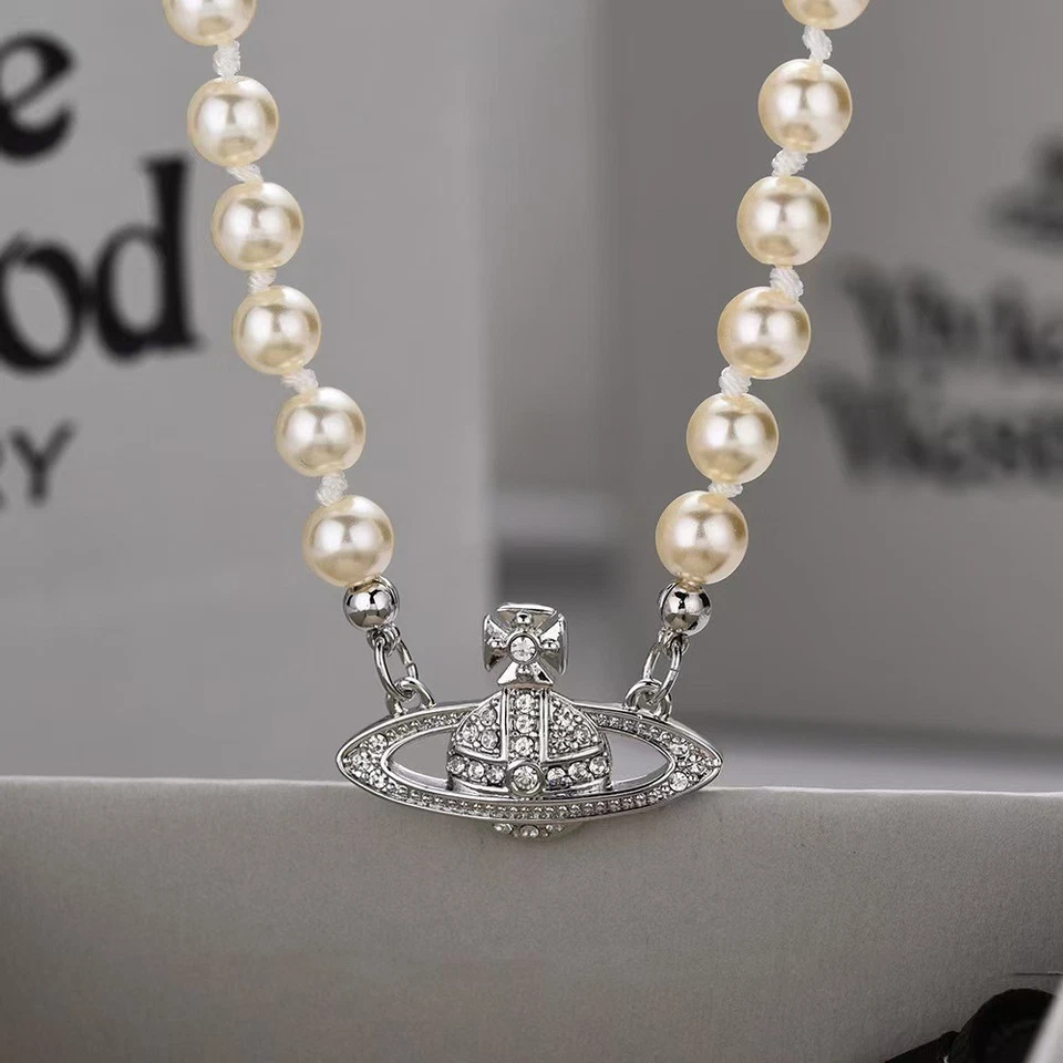 Gargantilla de perlas con cuentas cadena orbe de saturno collar colgante de plata usado Foto 3 de 4