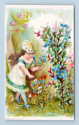 Girl Tending Garden Flower Die-Cut Victorian Trade Card Insurance Ayer Mass