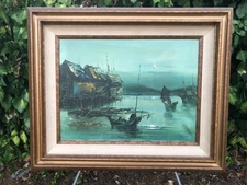 SONG Original 1960s HUGE ABSTRACT HONG KONG HARBOR SEASCAPE IMPRESSIONISM MCM