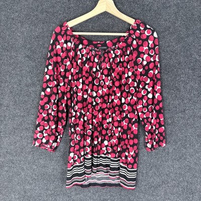Notations Blouse Women L Large Pink Polka Dot 3/4 Sleeve Hook & Eye Casual