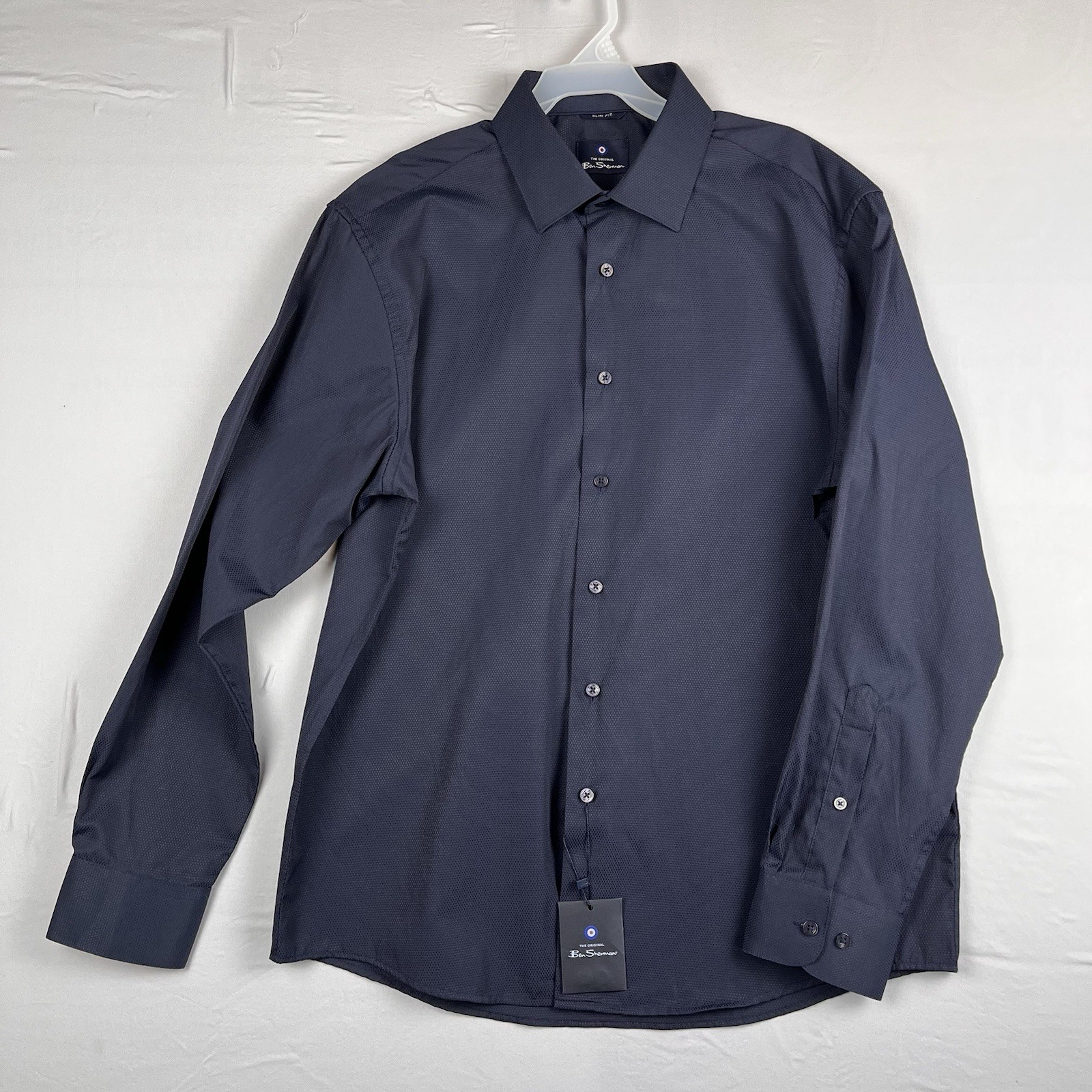 Ben Sherman Slim Fit Dobby Mens Large 16 to 16 1/2 Navy Basketweave Dress Shirt