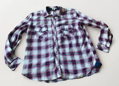 Kut From The Kloth Plaid Metal Snap Roll Tab Button Up Shirt Women s Size Medium