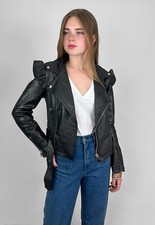 Vintage Style New Recycled Ladies Black Leather Silver Long Sleeve Crop Jacket S
