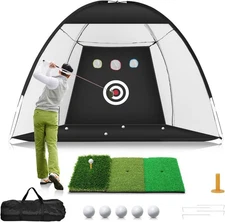 Golf Net, 10X7Ft Golf Practice Net with Tri-Turf Golf Mat, All in 1 Home Golf Hi