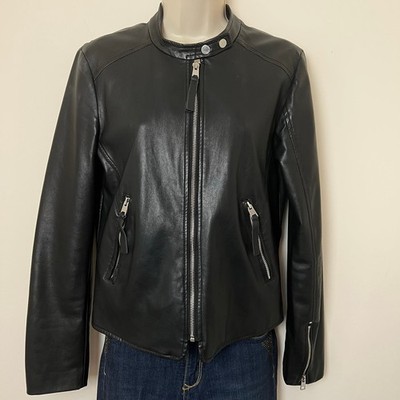 Black Vegan Leather Motorsport Stand Collar Zippered Moto Biker Jacket 40