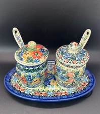 Unikat Polish Pottery Jelly, Jam, Preserves? 2 Jar Set with Tray & Spoons MS