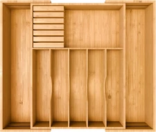 Premium Expandable Kitchen Drawer Organizer - 100% Bamboo Organizer Tray - Great