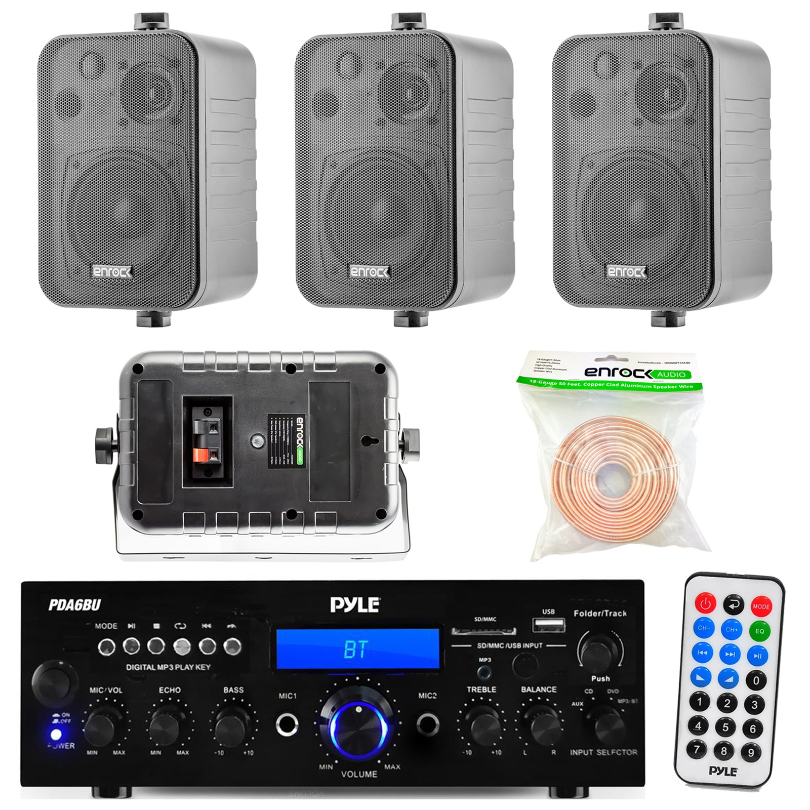 4" Indoor Outdoor 3-Way Speakers, 18 Gauge 50FT Wiring, Blue