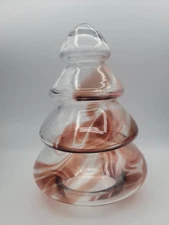 Zorza Poland Art Glass Christmas Tree Hand Blown Clesr Brown Red Swirl 8.5"