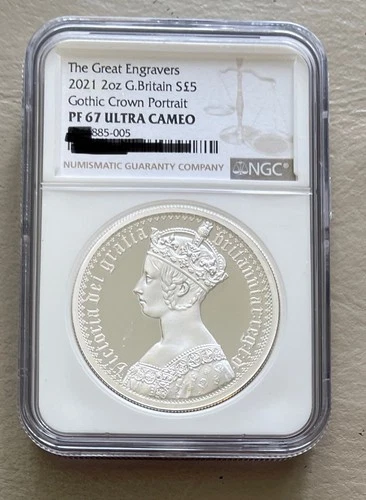 2021 Great Britain UK Silver £5 2oz Proof -  Gothic Crown Portrait NGC PF67