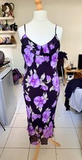 Vintage 90s New Look Floral Ruffle Slip Dress Purple Black Maxi Cami Goth Size 1