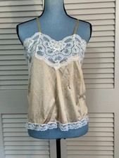Vintage Cine Star Cami Nude Beige Lace Silky Semi Sheer Coquette Lingerie Slip M