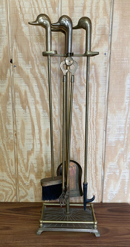 Brass Duck Head Fireplace Tool Set Vtg1970s Mallard 4 Tools + Stand NICE