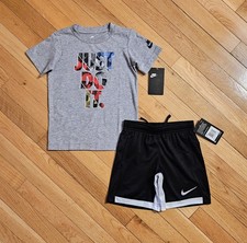 NEW Nike Little Boy Cotton Tee Drawstring Short Set, Gray/Black sz 4