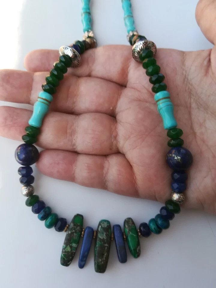 COLLANA NATIVI AMERICANI TURCHESE GIADA AZURITE LAPIS CRISOCOLLA ZAFFIRI ARGENTO - Immagine 4 di 4