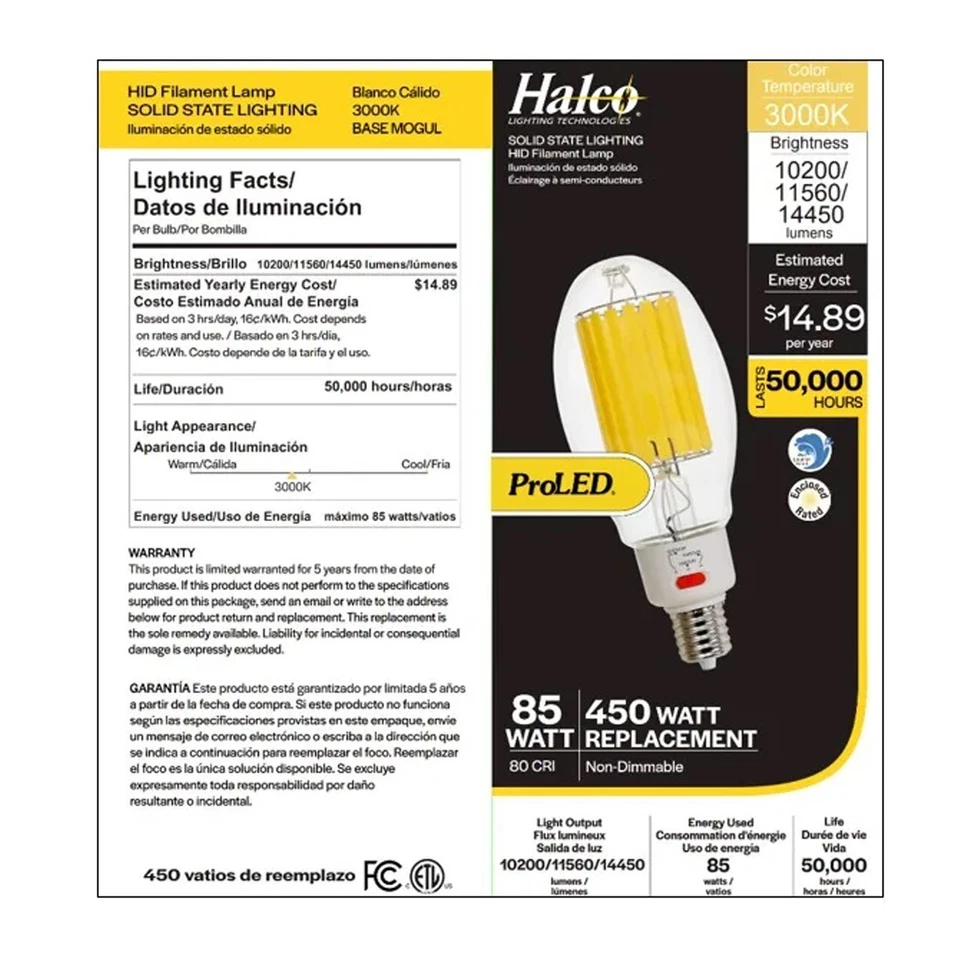 Halco 84907 ED37 LED Filament Bulb 60/68/85W 14450lm 3000K 120-277V Mogul Base - Image 2 of 4