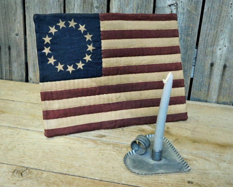 Primitive Patriotic Flag Candle Mat w/ Vintage Crimped Heart