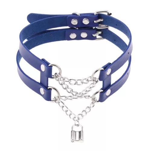 Double Belt Punk Choker with Cross Chain Lock Pendant Gothic Collar - Picture 18 of 37