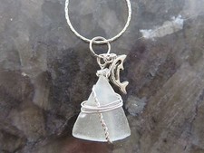 Gorgeous SEA GLASS Necklace Frosty White w/ Dolphin Charm, Chain OOAK