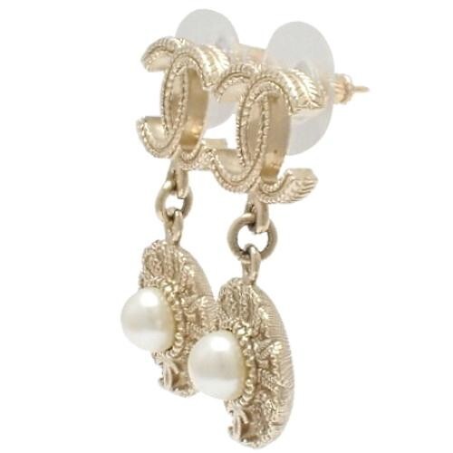 CHANEL Earrings AUTH COCO CC kenkenjp Logo Gold Pearl Swing Flower Medal Rare - Picture 14 of 18