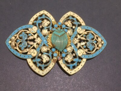 Vintage 30er Jahre blau/weiße Emaille Cloisonne durchbrochene Gürtelschließe 9 cm x 6 cm CHARMANT!!