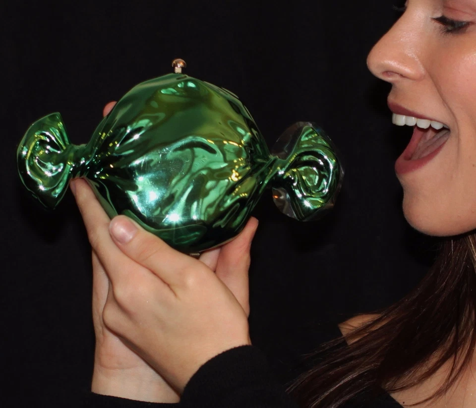 Judith Leiber Couture Wrapped Candy Clutch Bag EMERALD GREEN & PILLBOX CRYSTAL