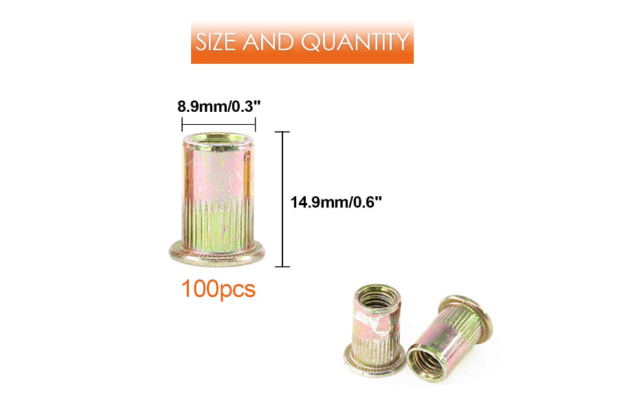UKLL-Metric M4 Rivet Nut Kit - 200Pcs RIV Nuts Carbon Steel Flat Head Rivnut Threaded Insert For Metal And Wood Knurled Body Rivnuts Set
