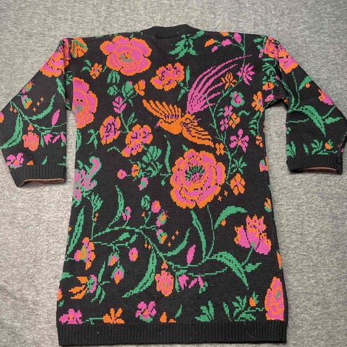 Vintage Carol Horn Knitware Sweater Women Small Black Floral Bird Winter Retro - Picture 3 of 8