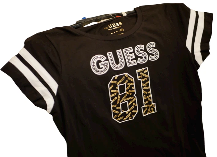 NEW WT WOMEN'S BLACK GUESS LOS ANGELES BENSON T-SHIRT RHINESTONES STRIPE L,  XL