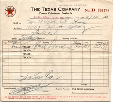 Texaco Gas Invoice 1930 Texas Company Tulsa OK Oil Gas Ephemera Oil Gas