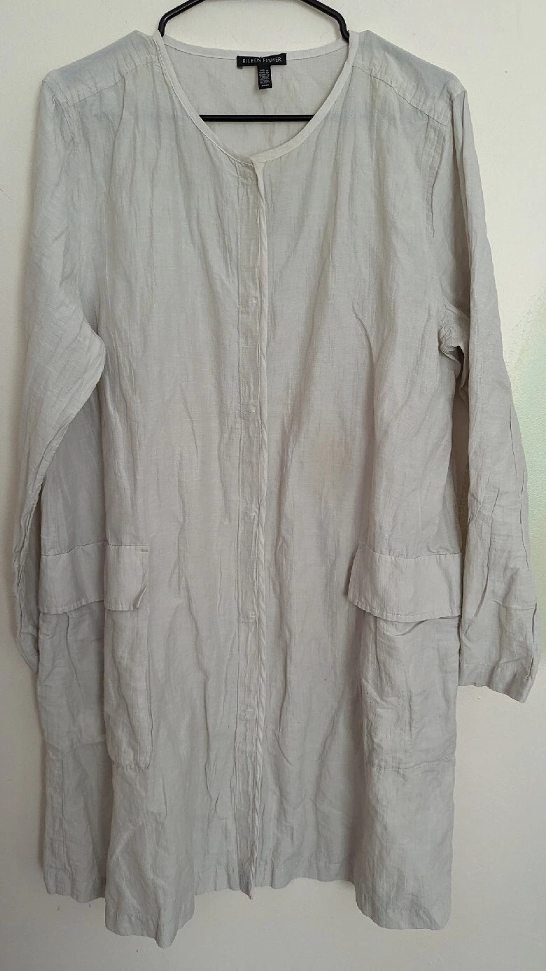 OFF WHITE Eileen Fisher Cappotto Abito Cotone Metallica Off White Snap Front Stropicciato Medium