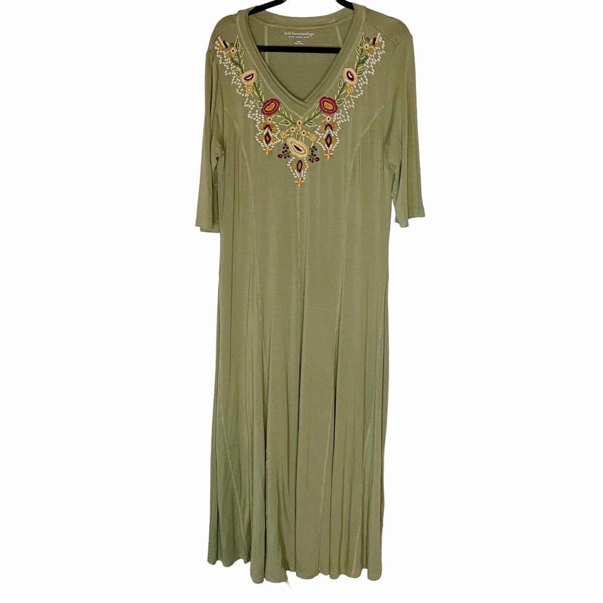 Soft Surroundings Cozy Vieja Floral Embroidered Jersey Dress Maxi Green Large Soft Surroundings Cozy Vieja Floral Embroidered Jersey Dress Maxi Green Large