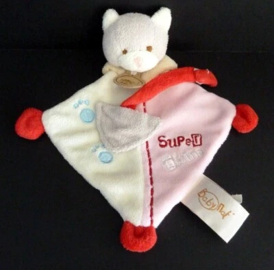 41. DOUDOU PLAT BABY NAT CHAT ATTACHE SUPER TETINE ROUGE ROSE BLANC GRIS TBE - Photo 1/2