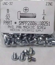 #8-32x1/4 Pan Head Phillips Machine Screws Steel Zinc Plated (50)