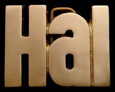 MH02101  NOS  VINTAGE 1978 CUT-OUT NAME  HAL  SOLID BRASS BUCKLE