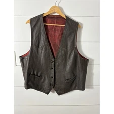 Vintage Leather Vest Mens Western Brown Button Front Lined Sleeveless Jacket