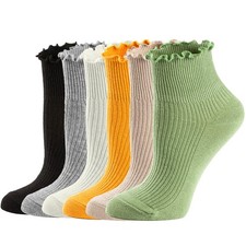 6 Pack Womens Ruffle Turn-Cuff Crew Socks, Knit Cotton Lettuce Frilly Ankle