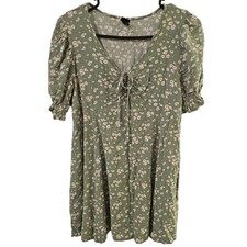 Wild Fable Sage Green Daisy Floral Mini Dress Short Puff Sleeve V-Neck Medium