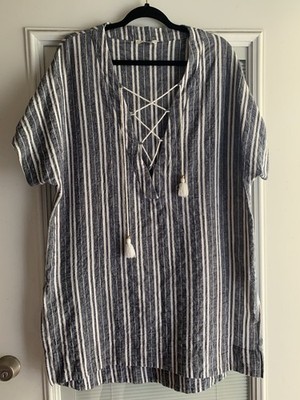 Simply Noelle Linen Blend Striped V-Neck Tie Tassel Tunic Top One Size