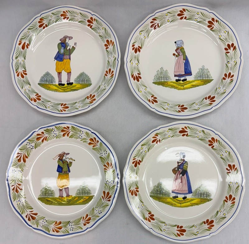 Henriot Quimper Faience 4 Hand Painted Wall Plate, 2 Breton Man & 2 Breton Woman