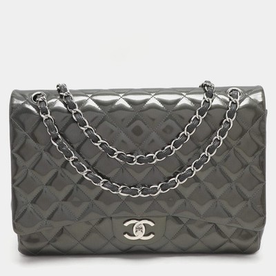 Chanel Grey Straited Quilted Patent Leather Maxi Classic Double Flap Bag