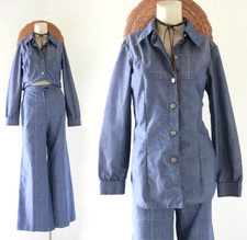 1970s Vintage Top Pants Set Womens Blue Grid Print Long Sleeve Bell Bottom Disco