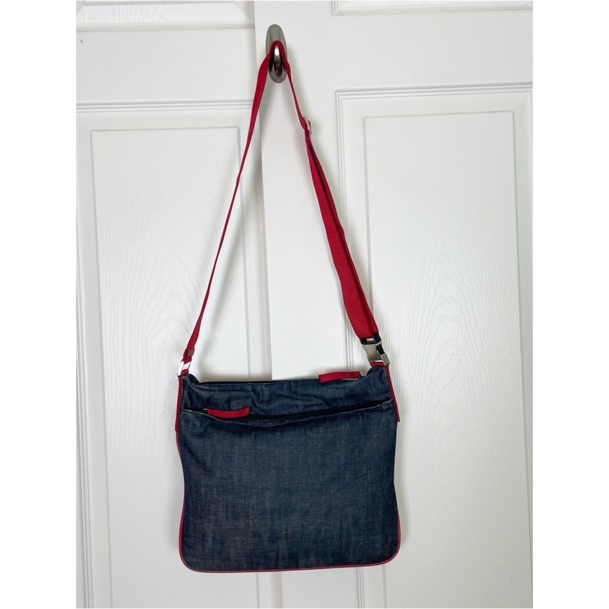 VINTAGE Prada Denim Crossbody Bag Red Leather Trim Y2K Canvas