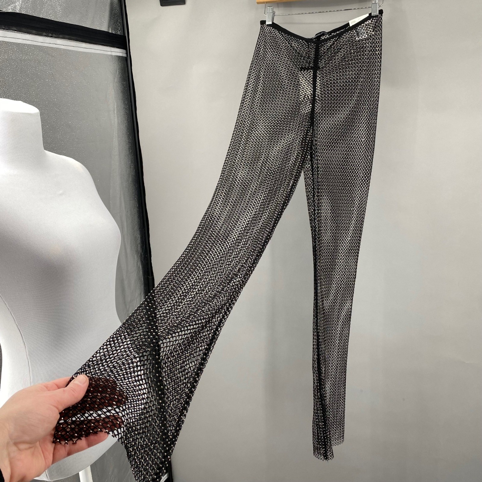 Zara Festive Days Black Mesh Rhinestone Mid-Rise Leggings Sheer Pants Small New