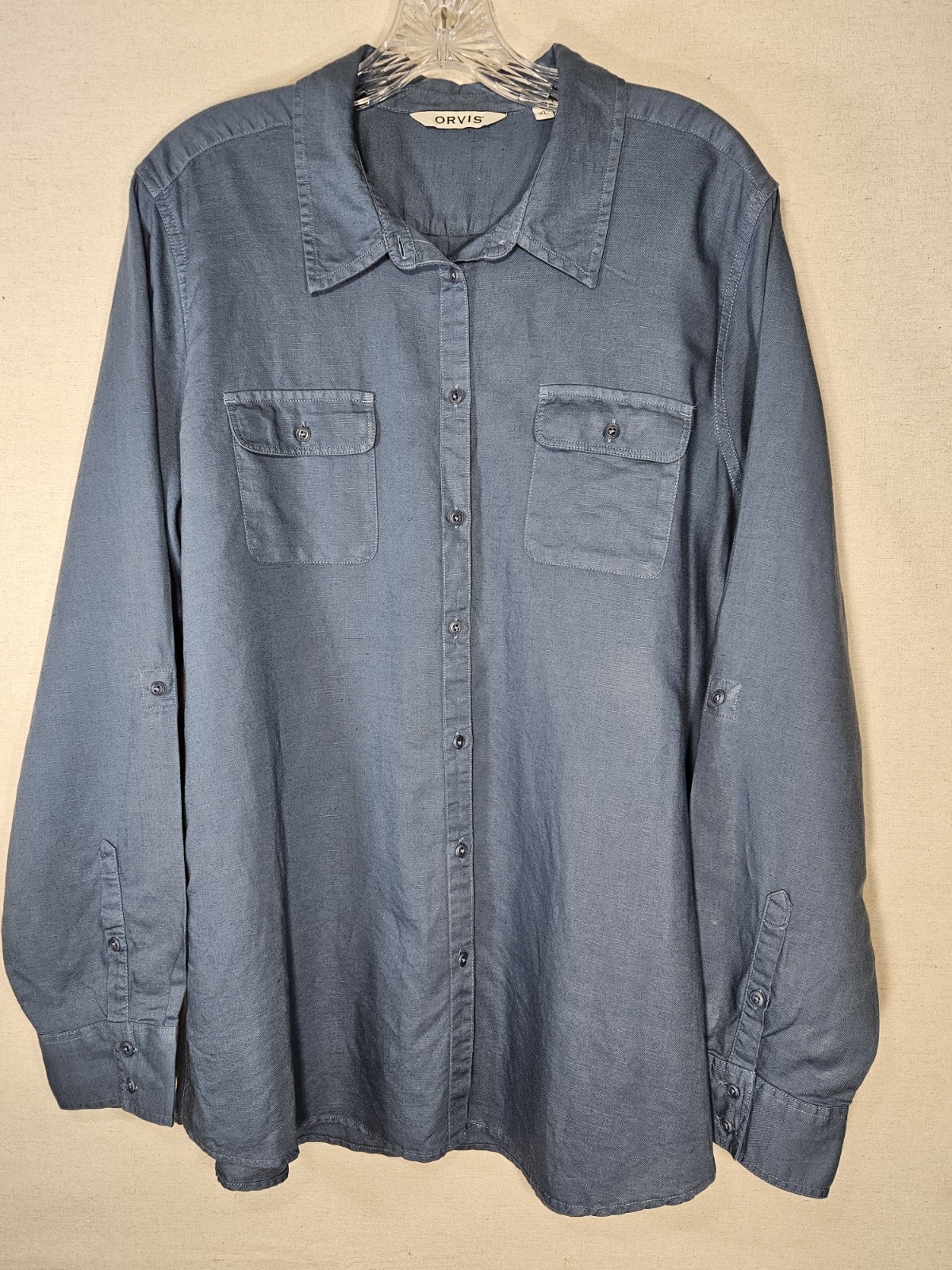 Orvis Women's Linen Blend Button-Down Top Long Sleeve Blouse, Size XL,  Blue