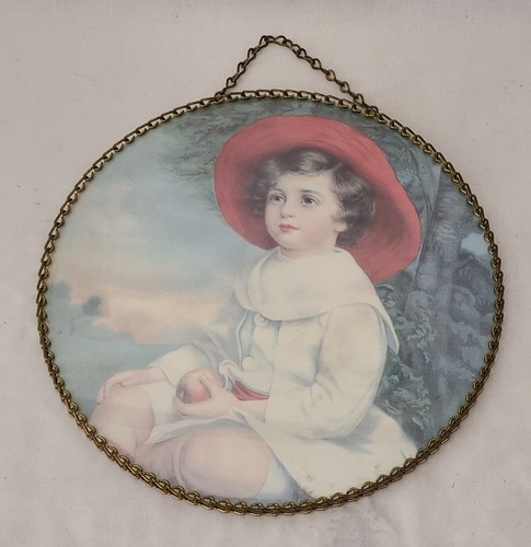 Vintage Flue Cover Victorian Child Portrait Round Metal Frame Hanger & Glass